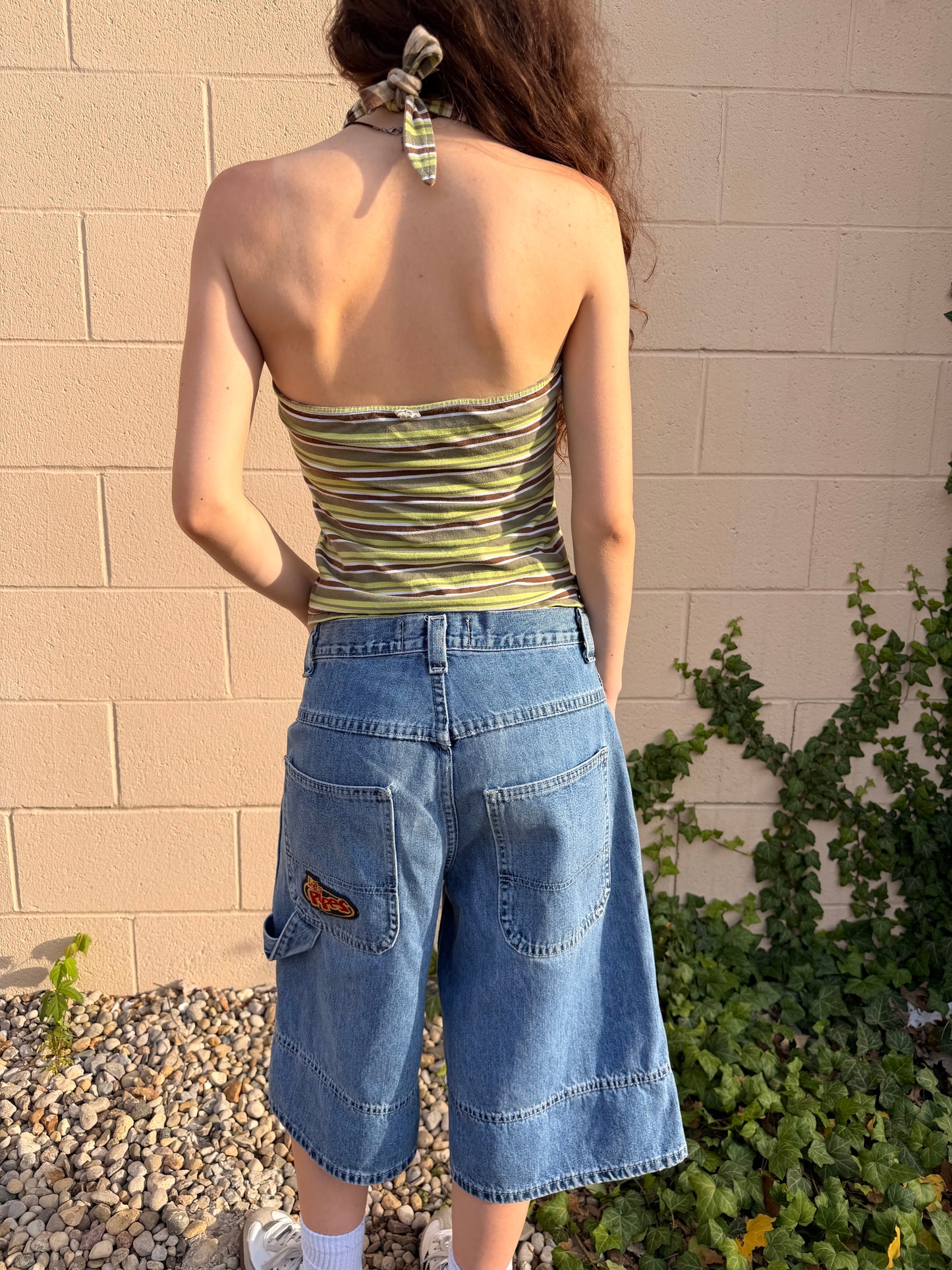 Y2K IRREVERSIBLE STRIPED/CAMO HALTER TOP