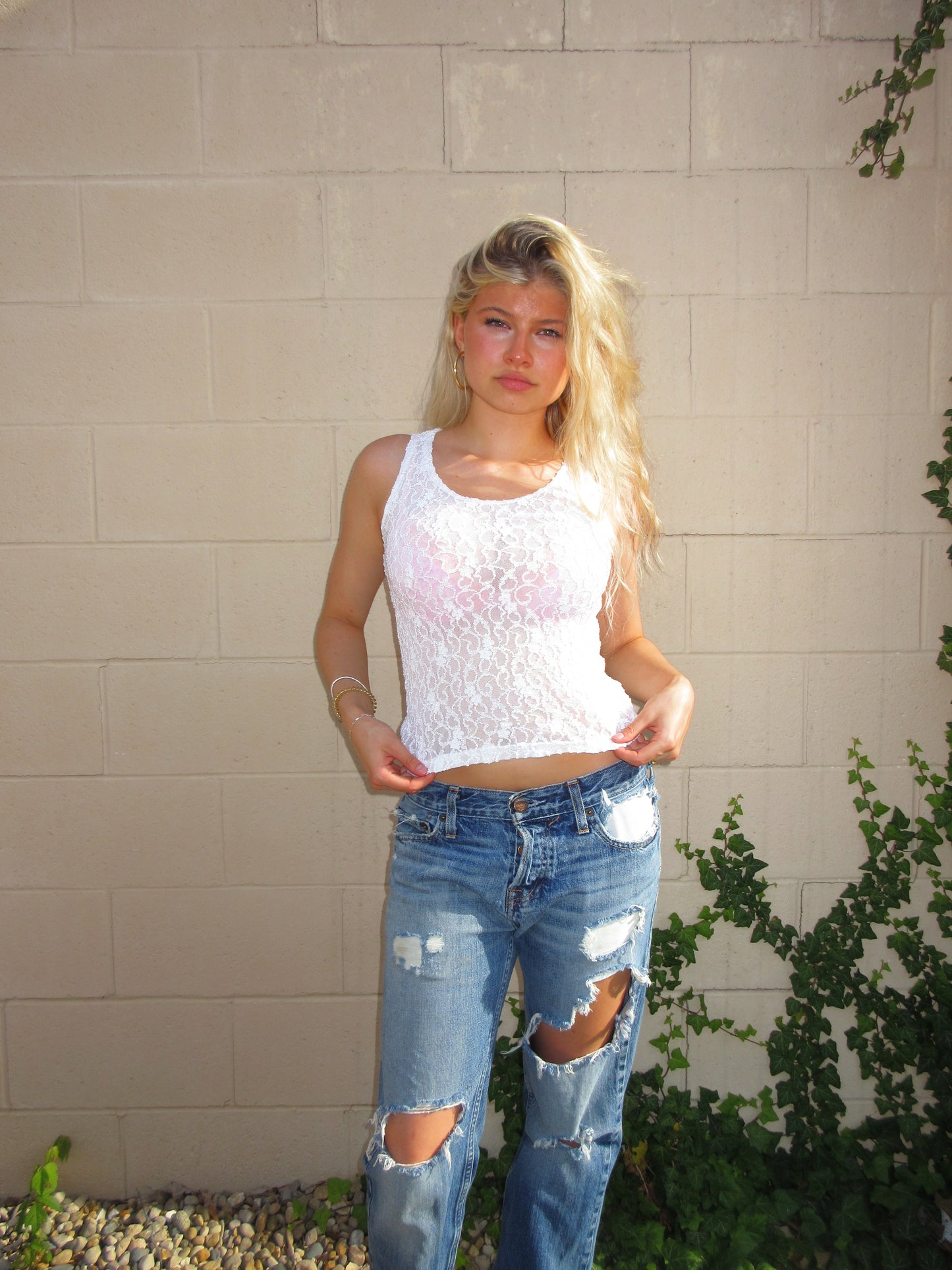Y2K WHITE SHEER LACY TOP