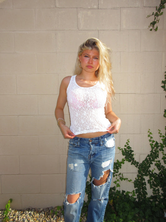 Y2K WHITE SHEER LACY TOP